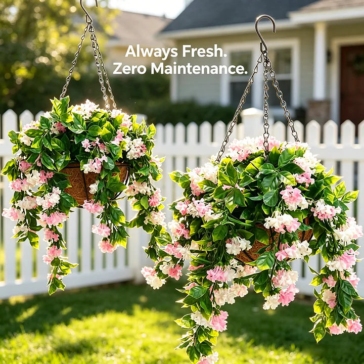 UV Protected Artificial Crepe Myrtle Hanging Basket with Coconut Liner for Outdoor Use