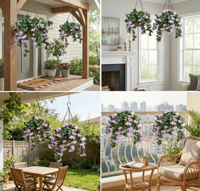UV Protected Artificial Crepe Myrtle Hanging Basket with Coconut Liner for Outdoor Use