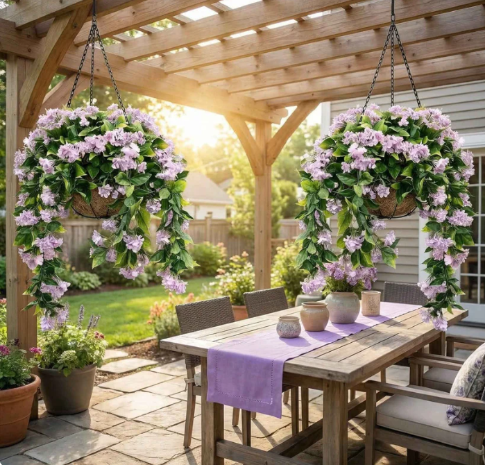 UV Protected Artificial Crepe Myrtle Hanging Basket with Coconut Liner for Outdoor Use