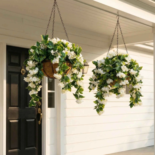 UV Protected Artificial Crepe Myrtle Hanging Basket with Coconut Liner for Outdoor Use