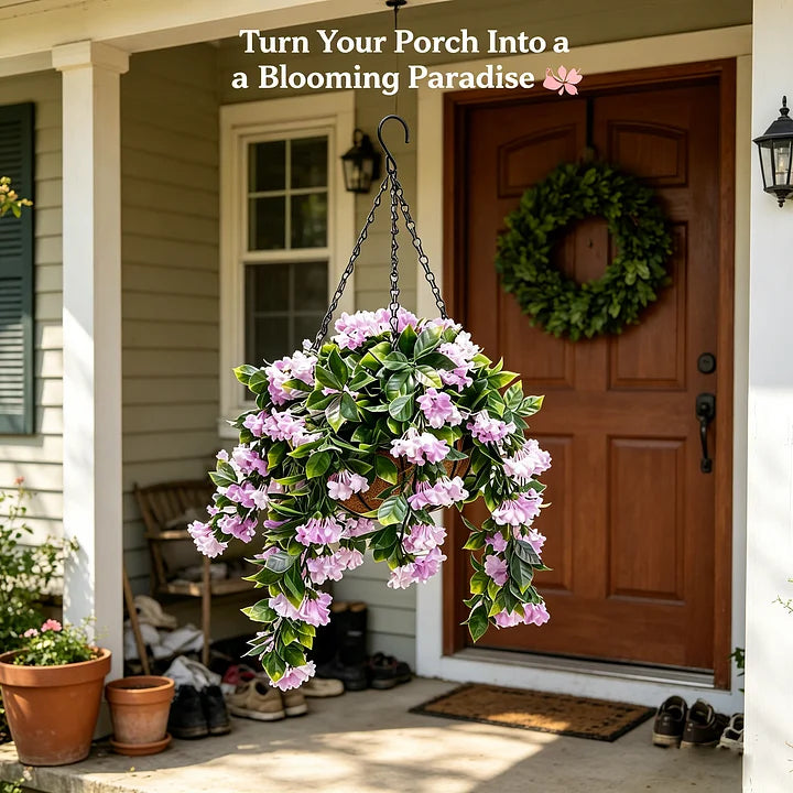 UV Protected Artificial Crepe Myrtle Hanging Basket with Coconut Liner for Outdoor Use