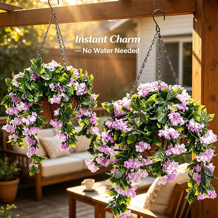 UV Protected Artificial Crepe Myrtle Hanging Basket with Coconut Liner for Outdoor Use