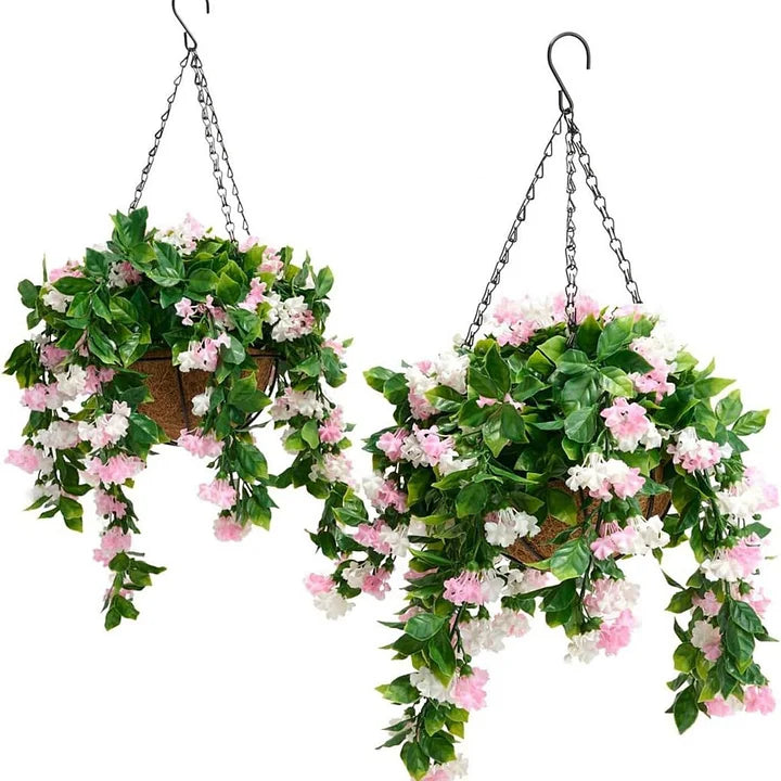 UV Protected Artificial Crepe Myrtle Hanging Basket with Coconut Liner for Outdoor Use