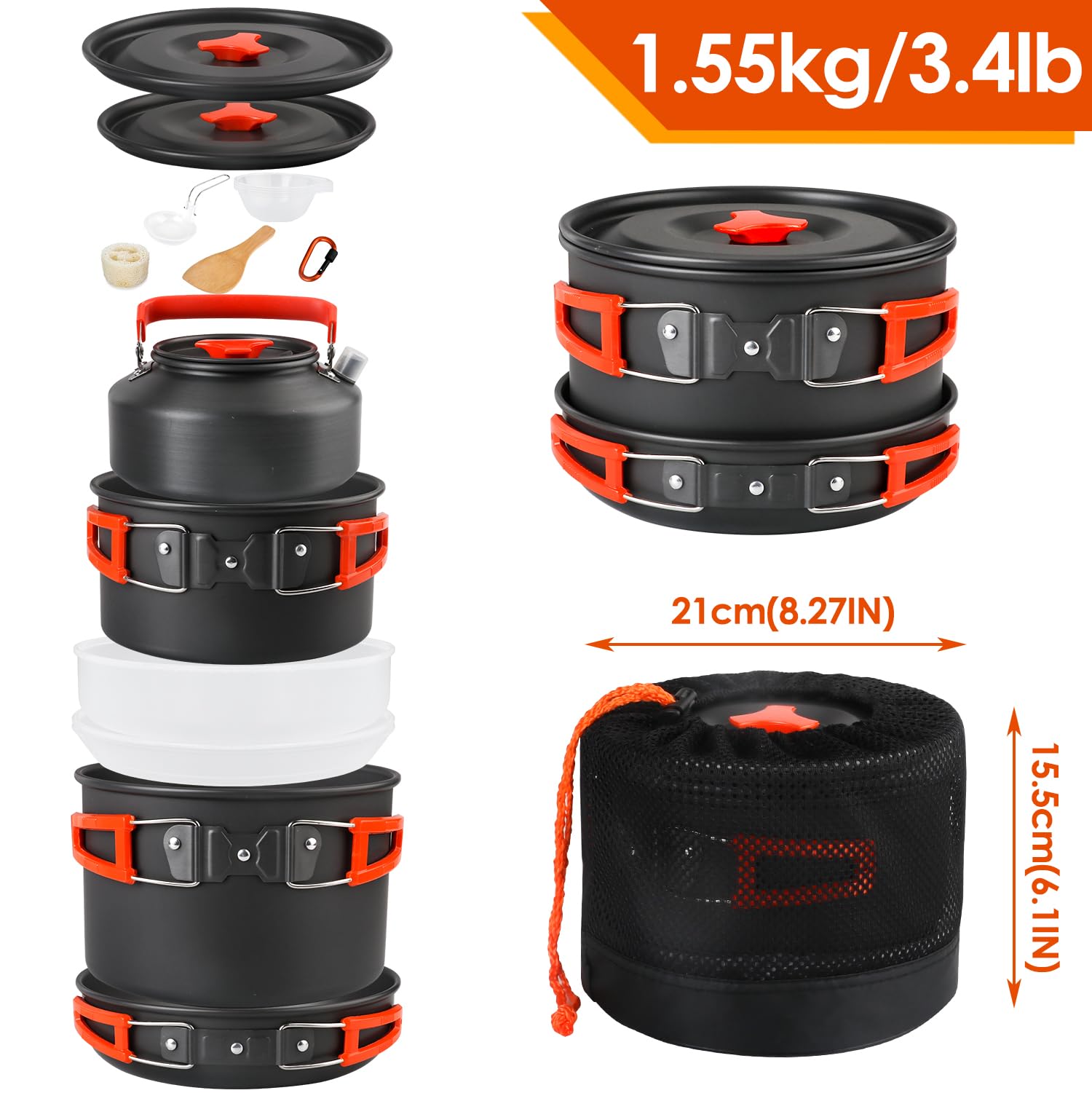 Lightweight Non-Stick Camping Cookware Kit with Stackable Pots Pans & Storage Bag