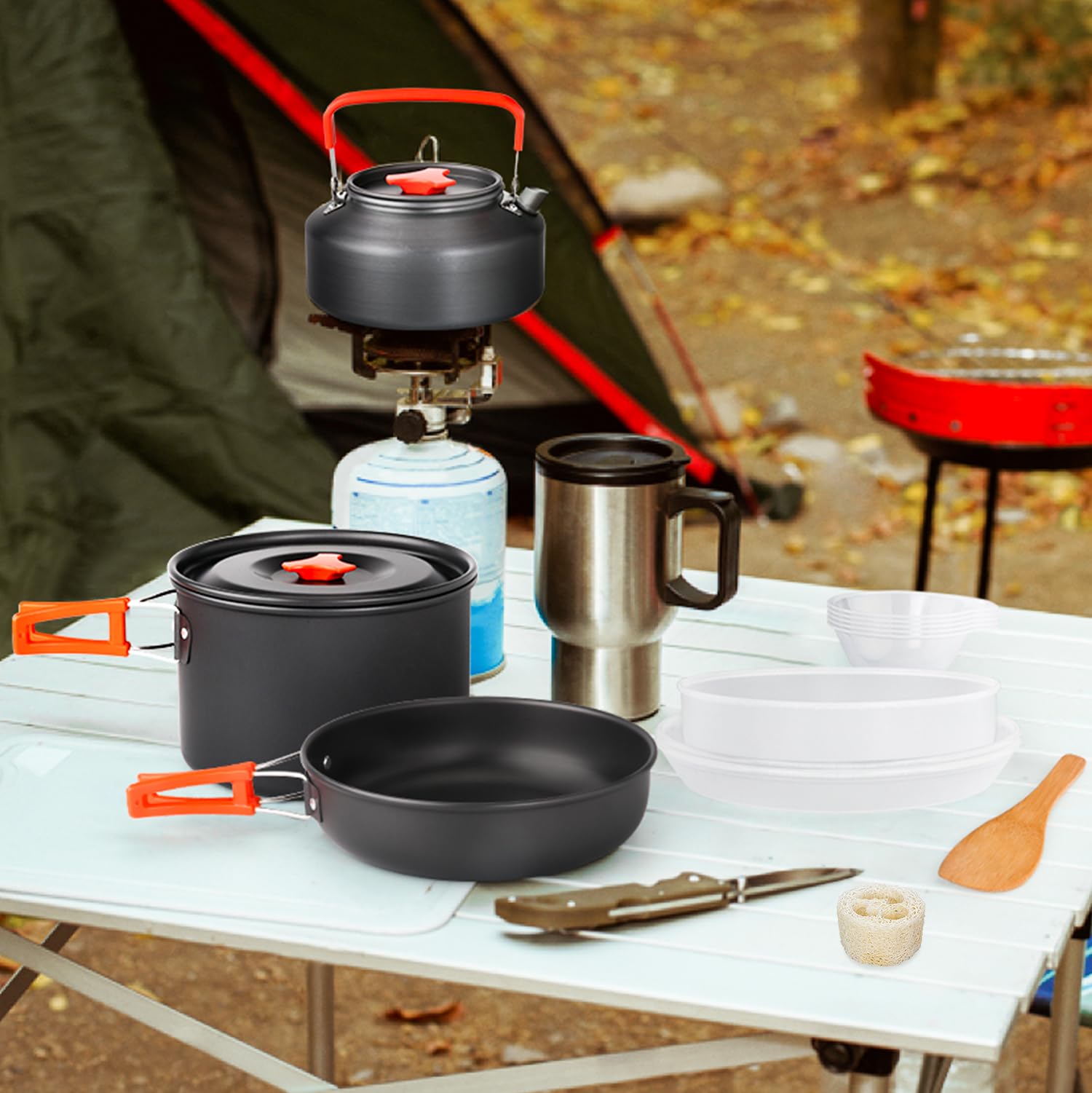 Lightweight Non-Stick Camping Cookware Kit with Stackable Pots Pans & Storage Bag