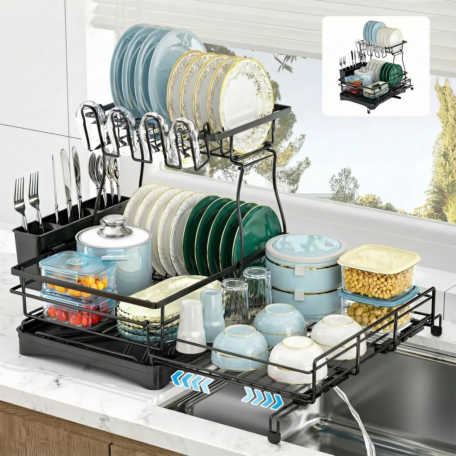 Extendable 2-Tier Dish Drying Rack with Anti-Rust Construction