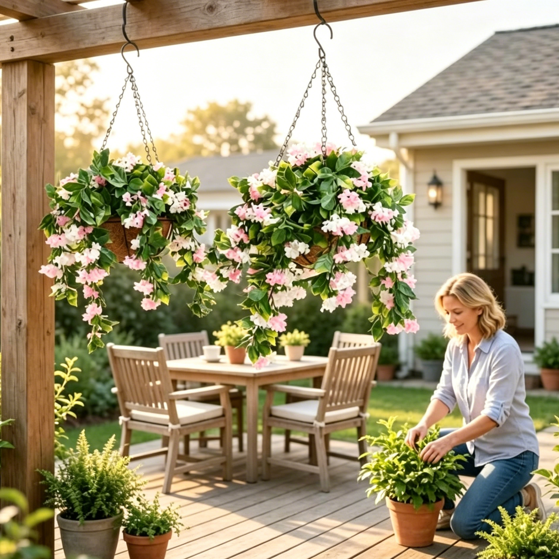 UV Protected Artificial Crepe Myrtle Hanging Basket with Coconut Liner for Outdoor Use