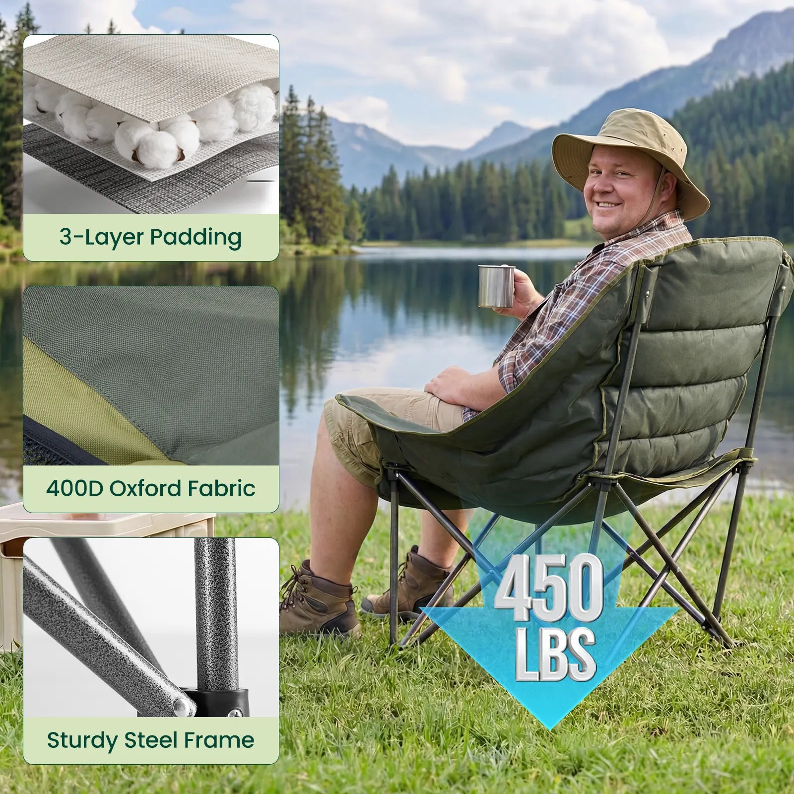 Heavy Duty Folding Camping Chair with Cup Holders and Side Pockets