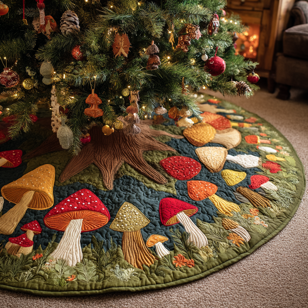 Mushroom Meadow Christmas Quilted Tree Skirt NCU0DDK1635