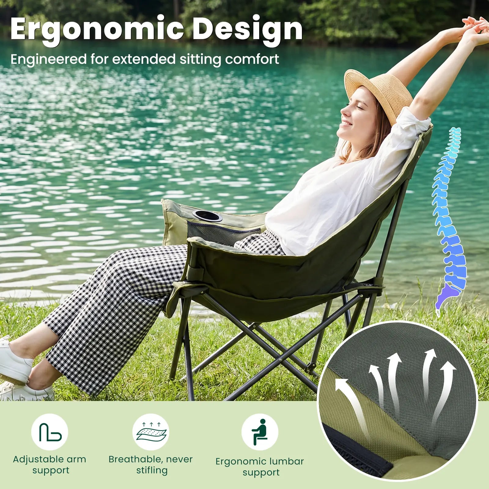 Heavy Duty Folding Camping Chair with Cup Holders and Side Pockets