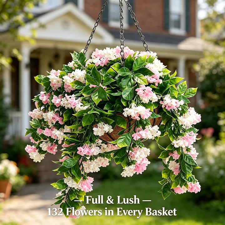 UV Protected Artificial Crepe Myrtle Hanging Basket with Coconut Liner for Outdoor Use