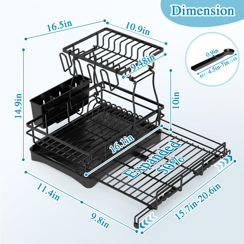 Extendable 2-Tier Dish Drying Rack with Anti-Rust Construction