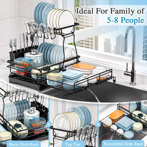 Extendable 2-Tier Dish Drying Rack with Anti-Rust Construction