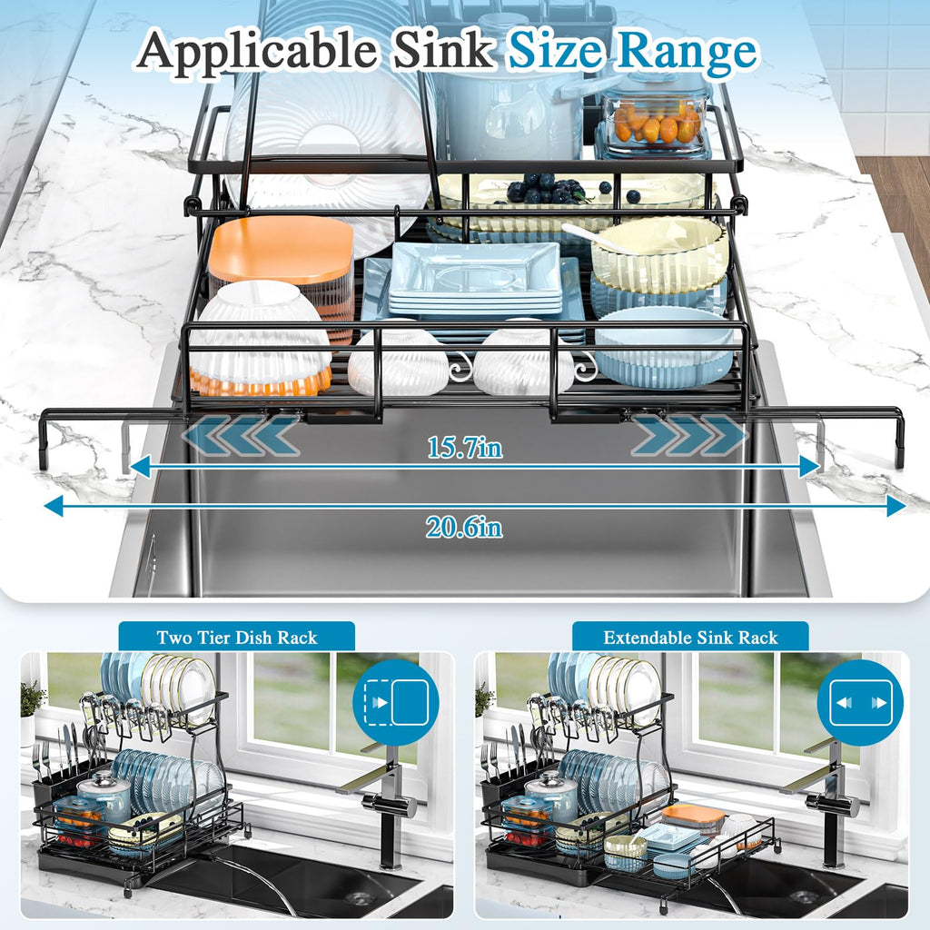 Extendable 2-Tier Dish Drying Rack with Anti-Rust Construction