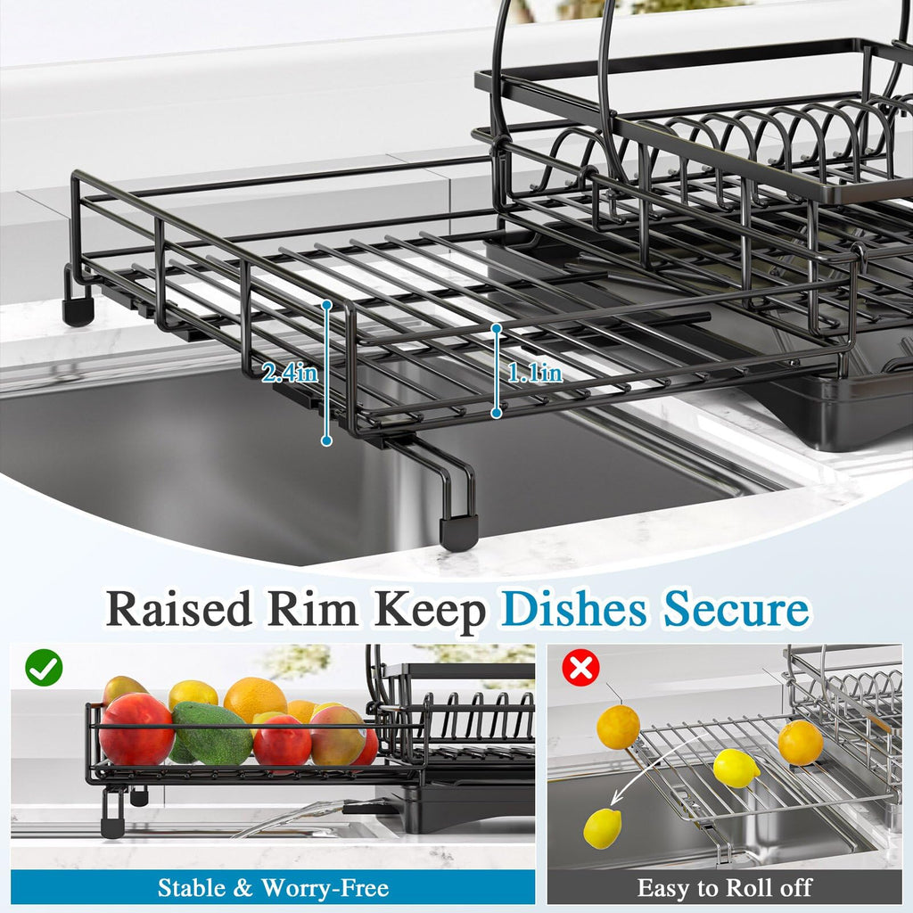 Extendable 2-Tier Dish Drying Rack with Anti-Rust Construction