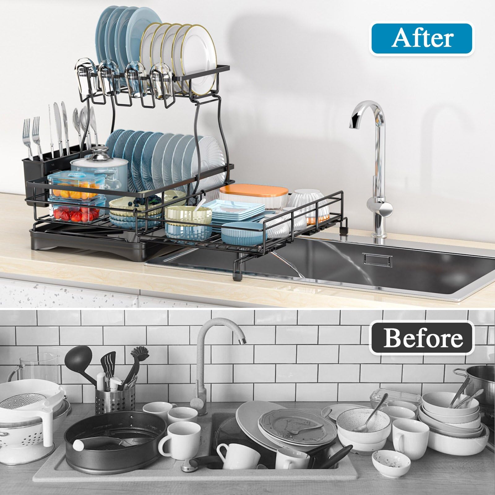 Extendable 2-Tier Dish Drying Rack with Anti-Rust Construction