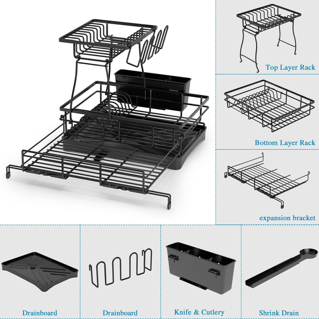Extendable 2-Tier Dish Drying Rack with Anti-Rust Construction