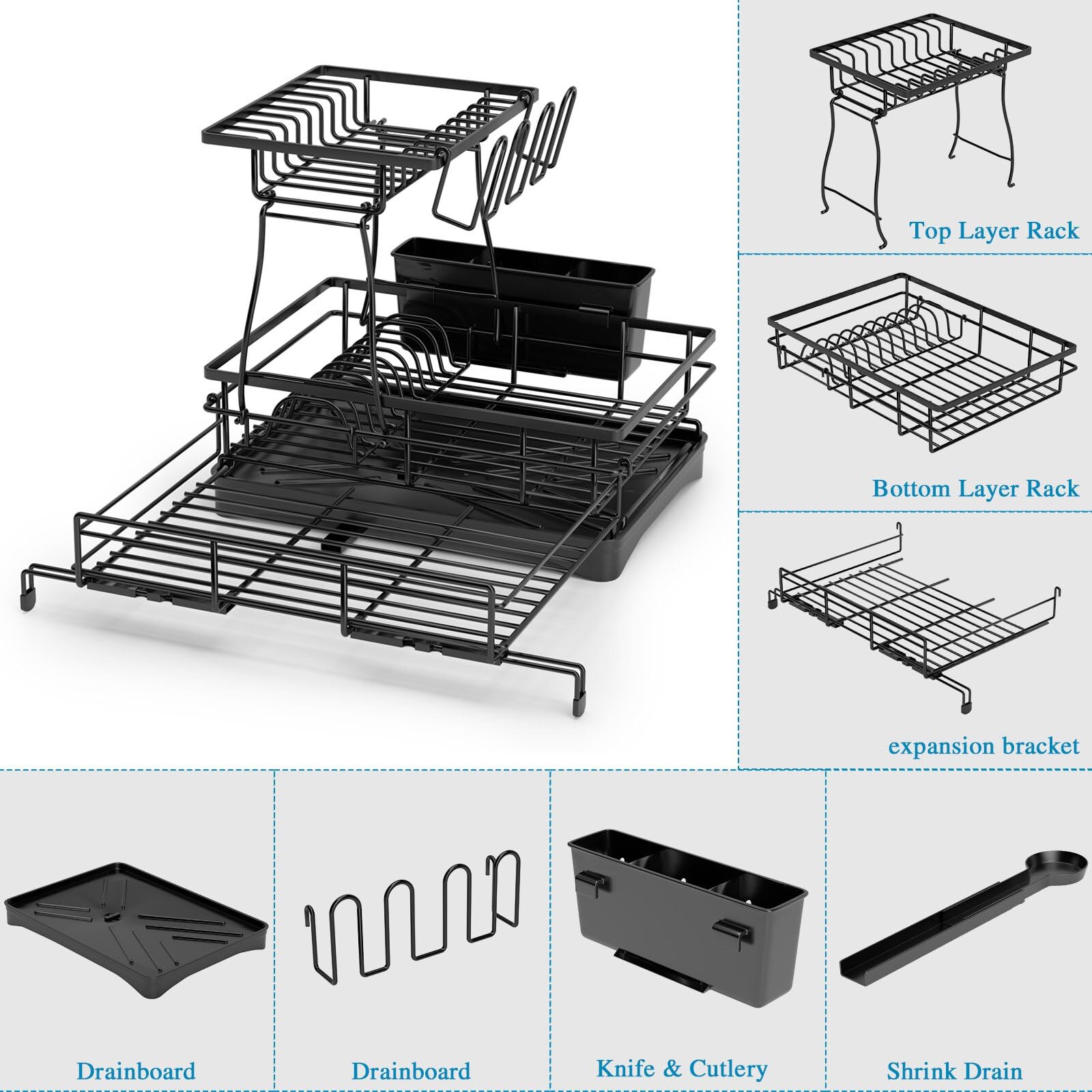 Extendable 2-Tier Dish Drying Rack with Anti-Rust Construction